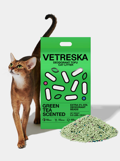 Green Tea Scented Tofu Cat Litter — styled in a home setting