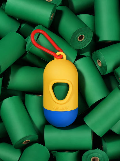 PRISM Poop Bags & Dispenser Set - Yellow — in use