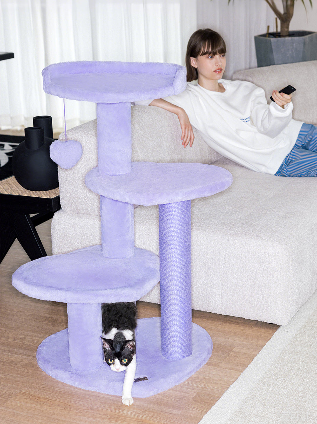 PURR VIOLET Cat Climber - Four Platforms — styled in a home setting