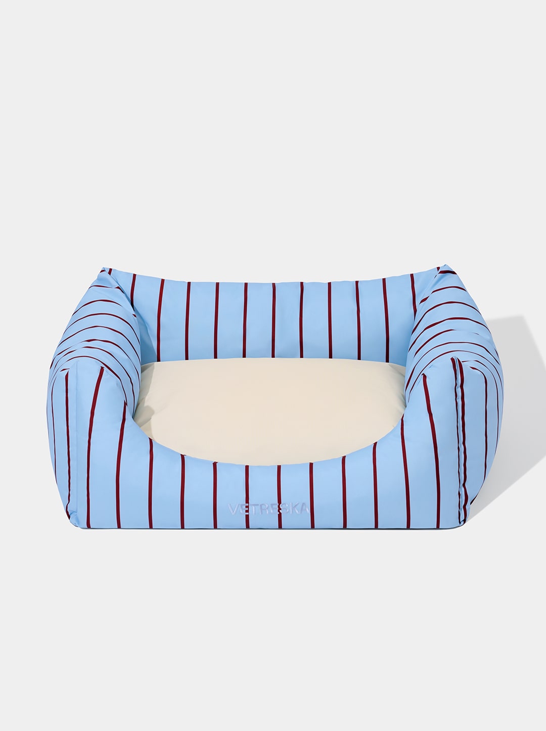 VELVET Pet Sofa - Azure & Stripes — styled in a home setting